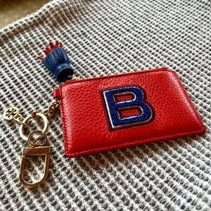 Tory Burch Varsity B Initial Tassled Leather Keychain Card Case Pouch